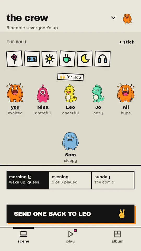 The scene of a crew of six, everyone’s up: six monsters in their mood colors with their first names and mood words, from excited orange and grateful pink to a blue monster whose mood is sleepy, the wall of drawings at the top and the morning, evening and Sunday tabs below.