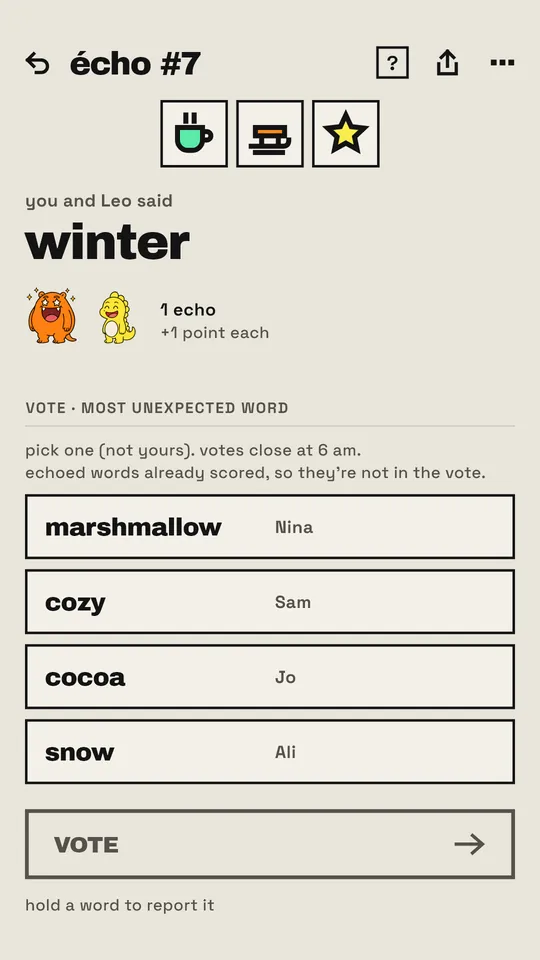The ÉCHO screen: three drawings, a cup, a bench and a star, the words you and a friend both said, winter, with your two monsters and one echo, plus one point each, then a vote for the most unexpected word among marshmallow, cozy, cocoa and snow.