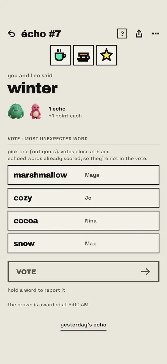 The ÉCHO screen: three drawings, a cup, a bench and a star; you and a friend both said winter, one echo and one point each; then a vote for the most unexpected word among marshmallow, cozy, cocoa and snow.