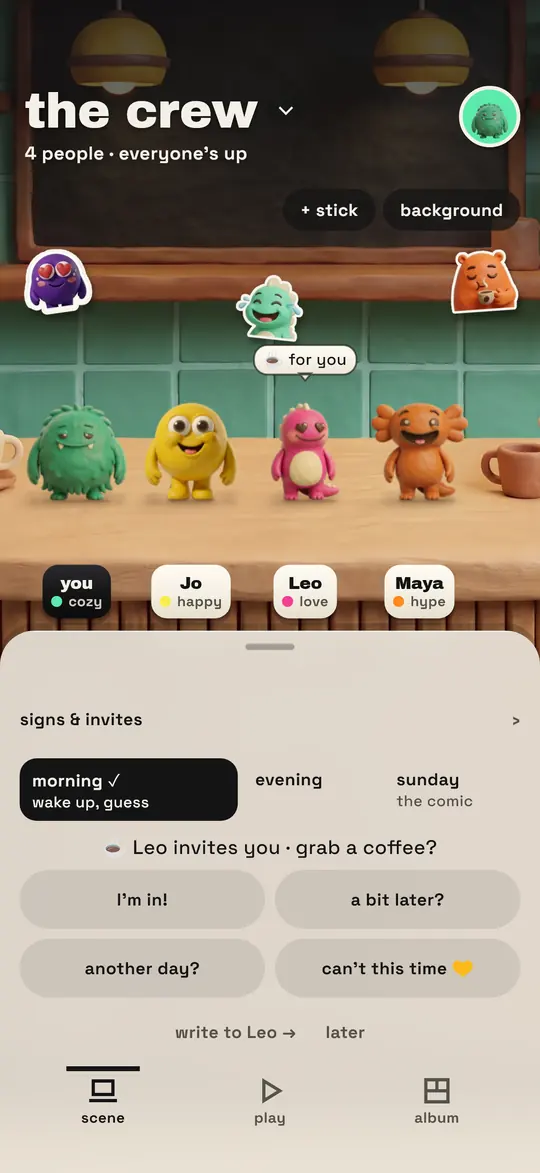 The group screen on the café counter wall, four monsters on the counter; at the bottom, an invite to grab a coffee with four answers: I’m in, a bit later, another day, can’t this time.