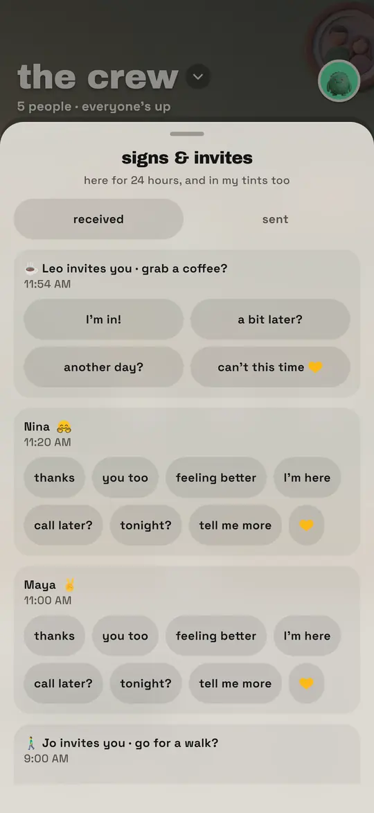 The signs and invites sheet: an invite to grab a coffee with its four answers, a hug and a “thinking of you” with their word-back replies, and an invite to go for a walk.