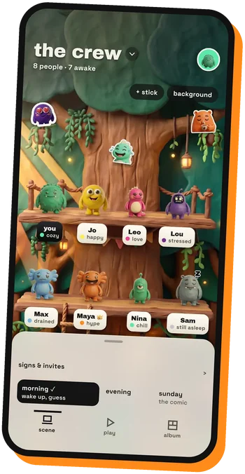 The crew screen in the app: eight clay monsters on the two shelves of the treehouse wall