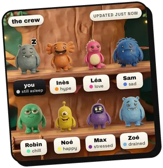 The Tintee widget on an iPhone: the treehouse wall with eight clay monsters on two shelves, each with a first name and a mood word