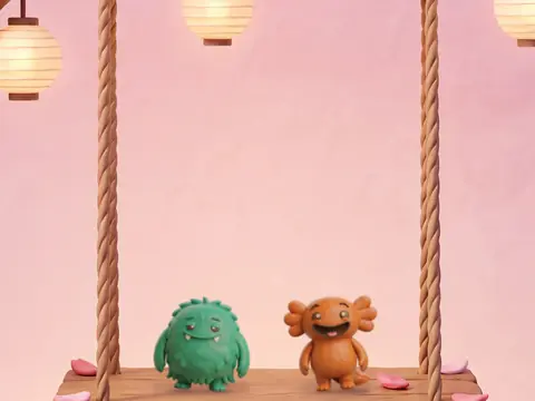 The DUO cherry tree swing wall, two little monsters on the swing