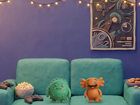 The DUO game night sofa wall, two little monsters side by side