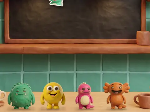 The café counter wall with four little monsters on its shelf