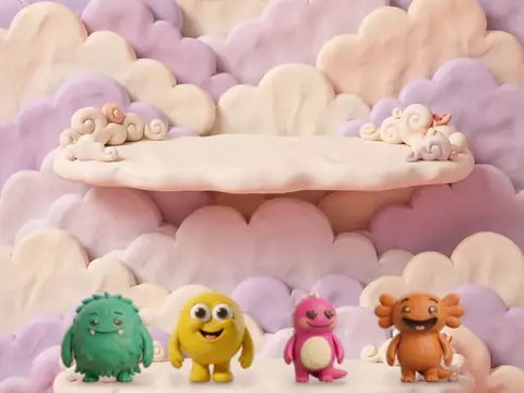The cloud steps wall with four little monsters on its shelf