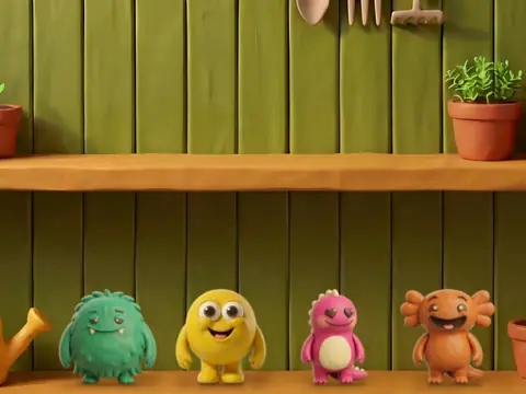 The potting shelves wall with four little monsters on its shelf