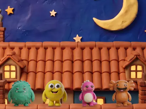 The rooftops wall with four little monsters on its shelf