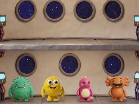 The spaceship wall with four little monsters on its shelf